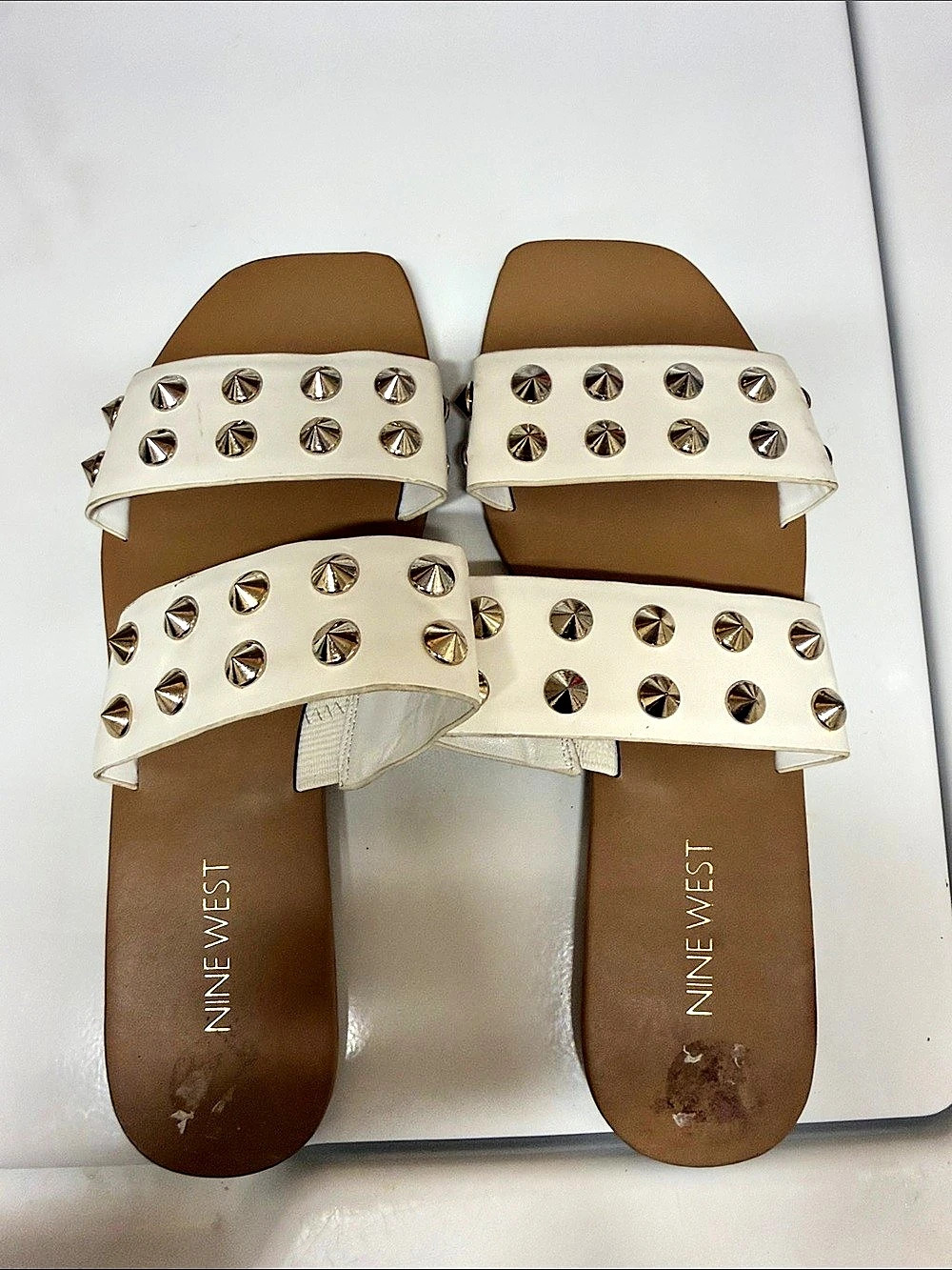 Nine West Giny Studded Slide Sandals White & Brown US 7 M